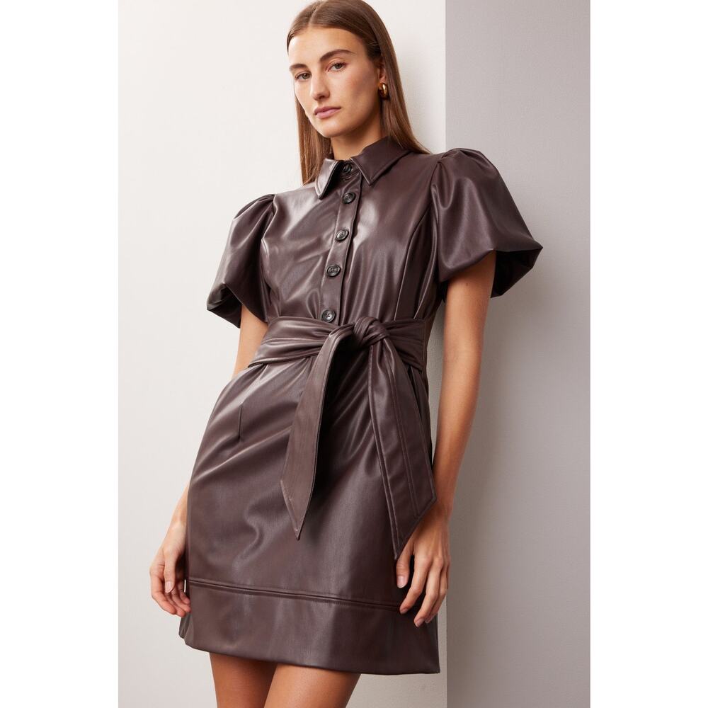 Toccin Brown Puff Sleeve Faux Leather Belted Collared Mini Dress Sz 4